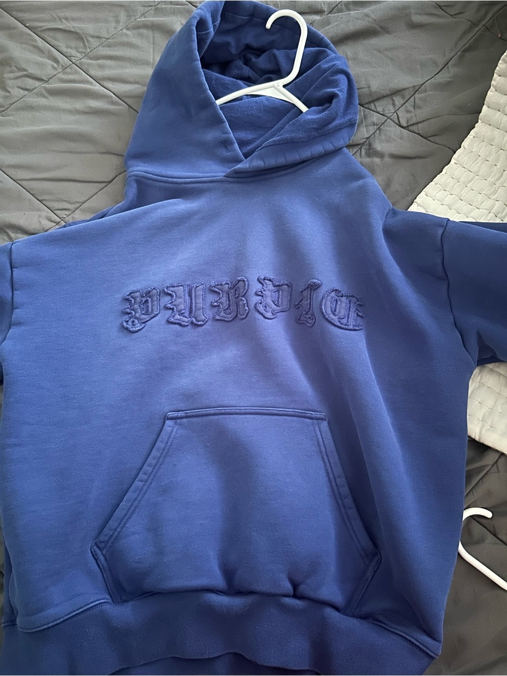 Men's Crewneck Hoodie in Deep Blue with Raised Embroidered Script